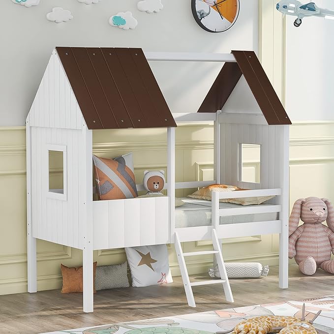 Size Low Loft Bed with Roof and Windows, Wood House Bed with Safety Fence and Two
