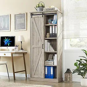 72” Tall Farmhouse Bookshelf, 32” Wide Large Wooden Bookcase with Sliding Barn Door, 5-Tier Storage Cabinet with Adjustable Shelves, Modern Versatile Cabinet for Living Room, Bedroom, Light Grey