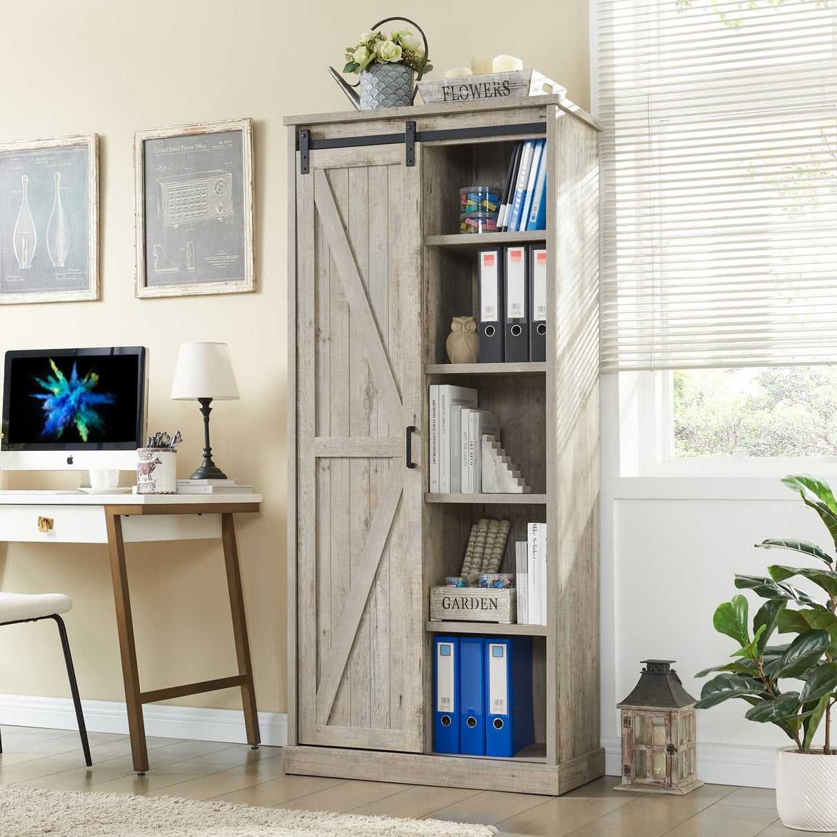 72” Tall Farmhouse Bookshelf, 32” Wide Large Wooden Bookcase with Sliding Barn Door, 5-Tier Storage Cabinet with Adjustable Shelves, Modern Versatile Cabinet for Living Room, Bedroom, Light Grey