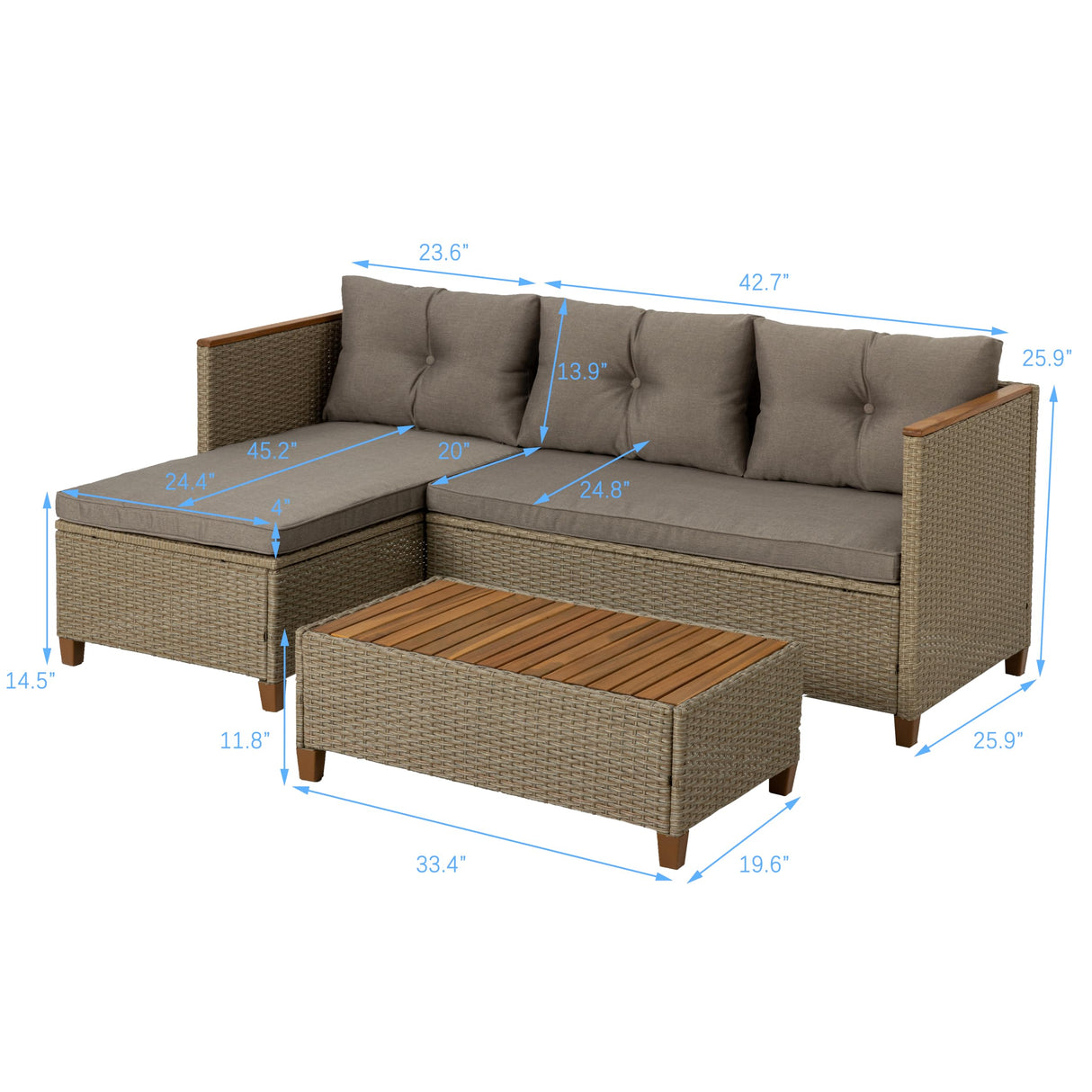 Patio Furniture Set 3 Piece Outdoor Sectional Sofa Couch All Weather Rattan Wicker