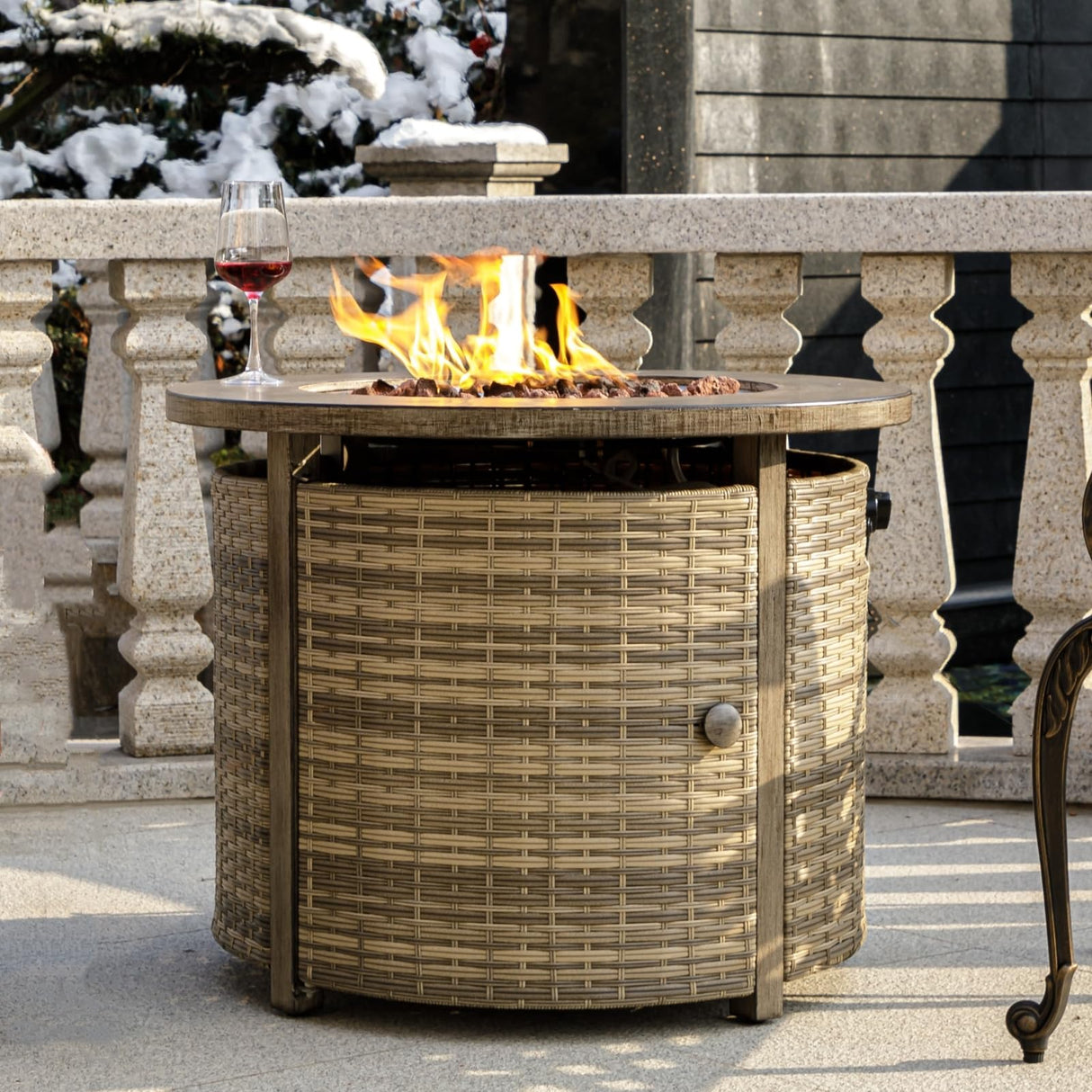OutVue 32 inch Propane Fire Pit Table,Wicker Gas Fire Pits Table with Lid & Lava Rocks, 50000 BTU Round Propane Firepit for Outside, Fire Table for Dining,Party, Patio,Yard - Bircata