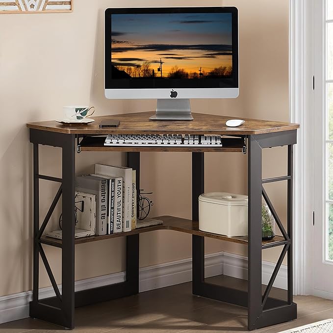 Corner Computer Desk Writing Smooth Keyboard Tray & Storage Shelves,Compact Home Office Triangle