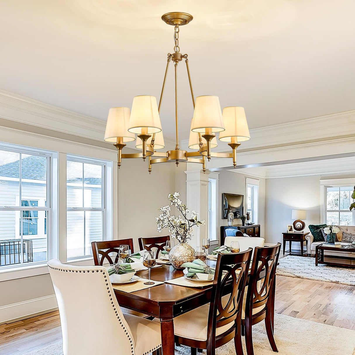 Gold Wagon Wheel Chandelier with White Linen Shade 6-Light Industrial Ceiling Light