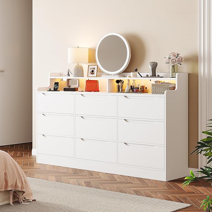 9 Drawers Dresser with LED Light Storage Shelves,White Dresser for Bedroom