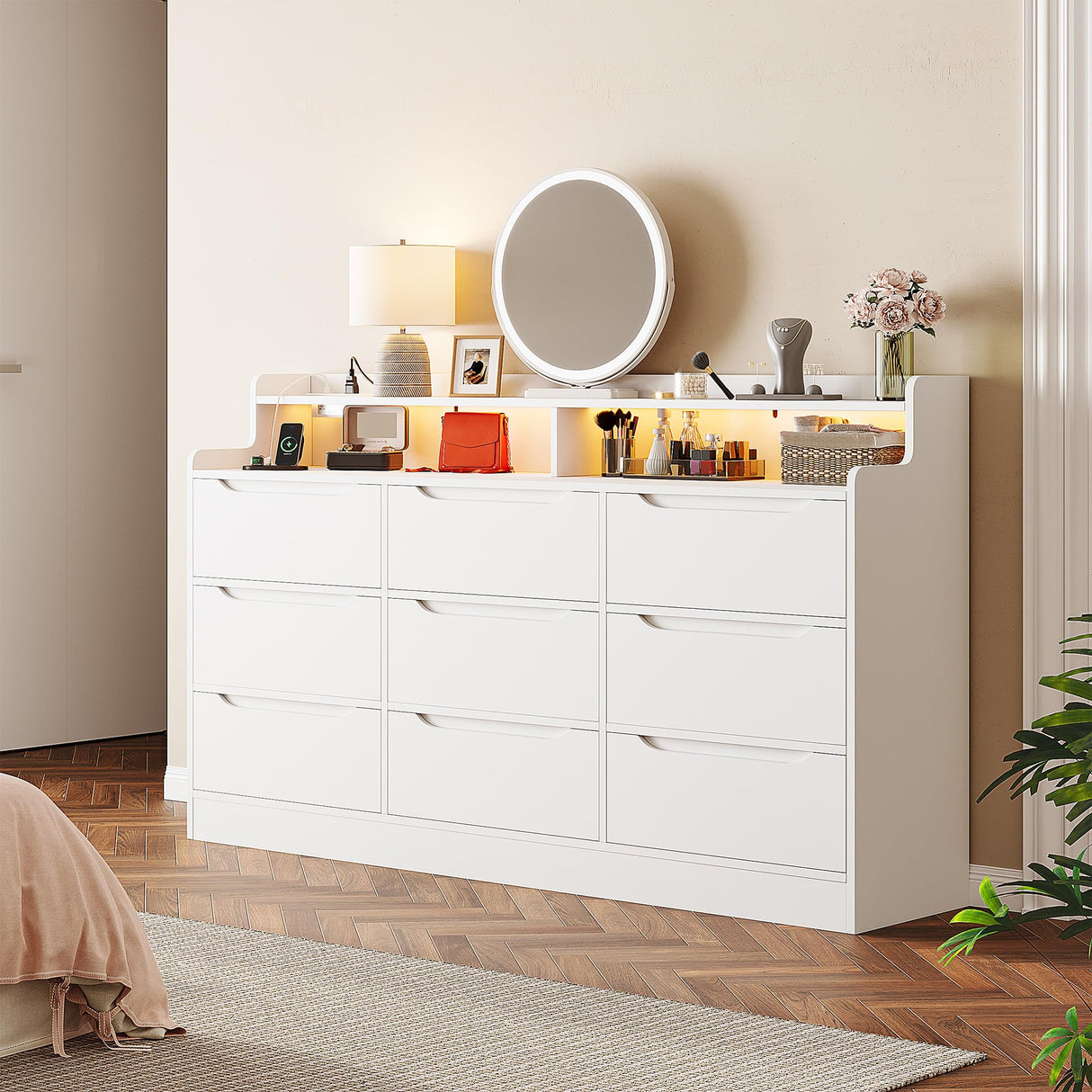 9 Drawers Dresser with LED Light Storage Shelves,White Dresser for Bedroom