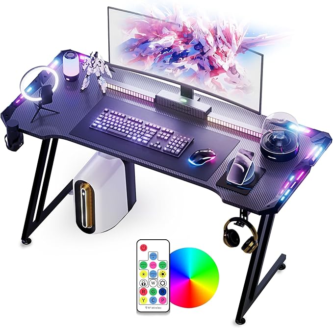 Gaming Desk with LED Lights,47 inch Carbon Fiber Surface RGB Gaming Computer Table