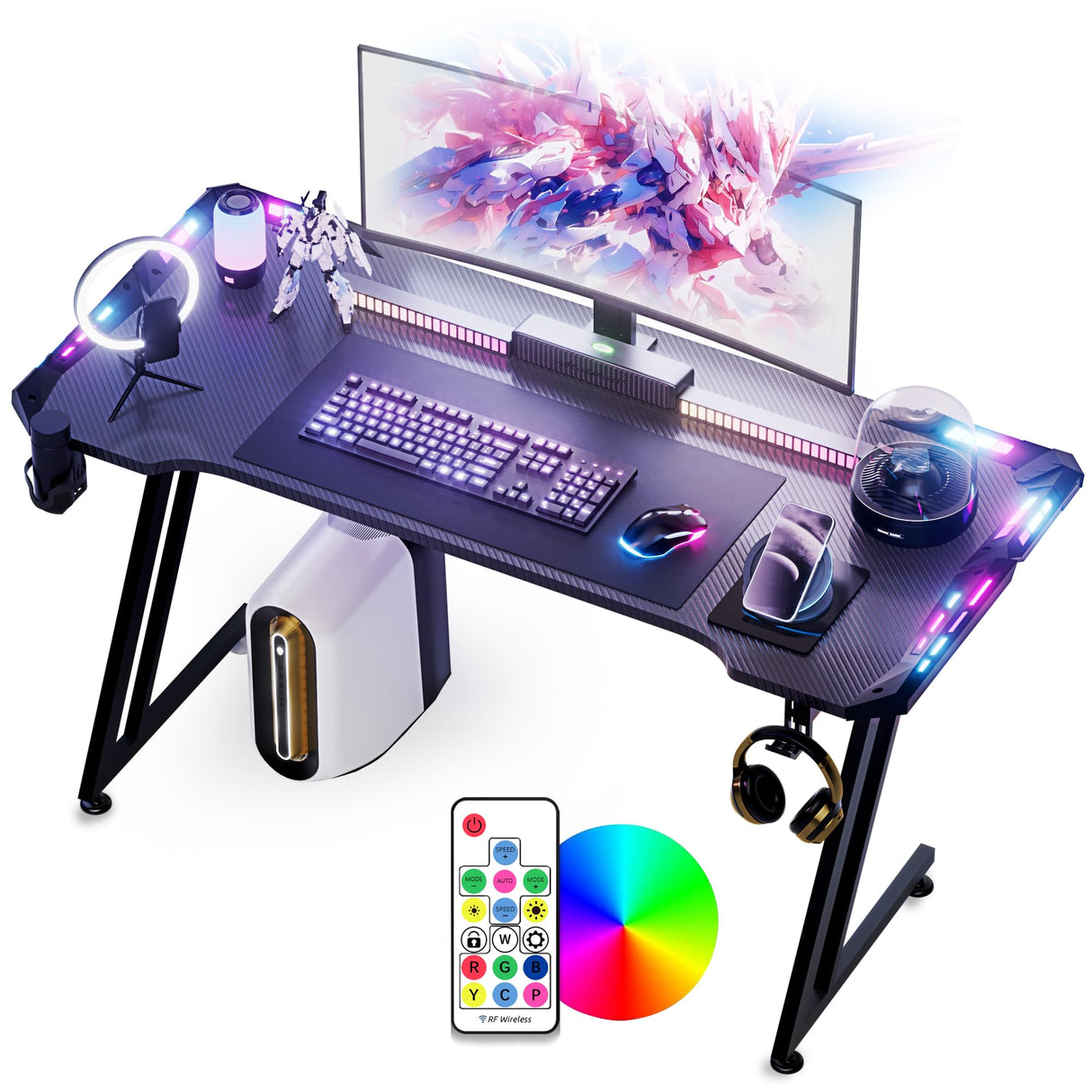 Gaming Desk with LED Lights,47 inch Carbon Fiber Surface RGB Gaming Computer Table