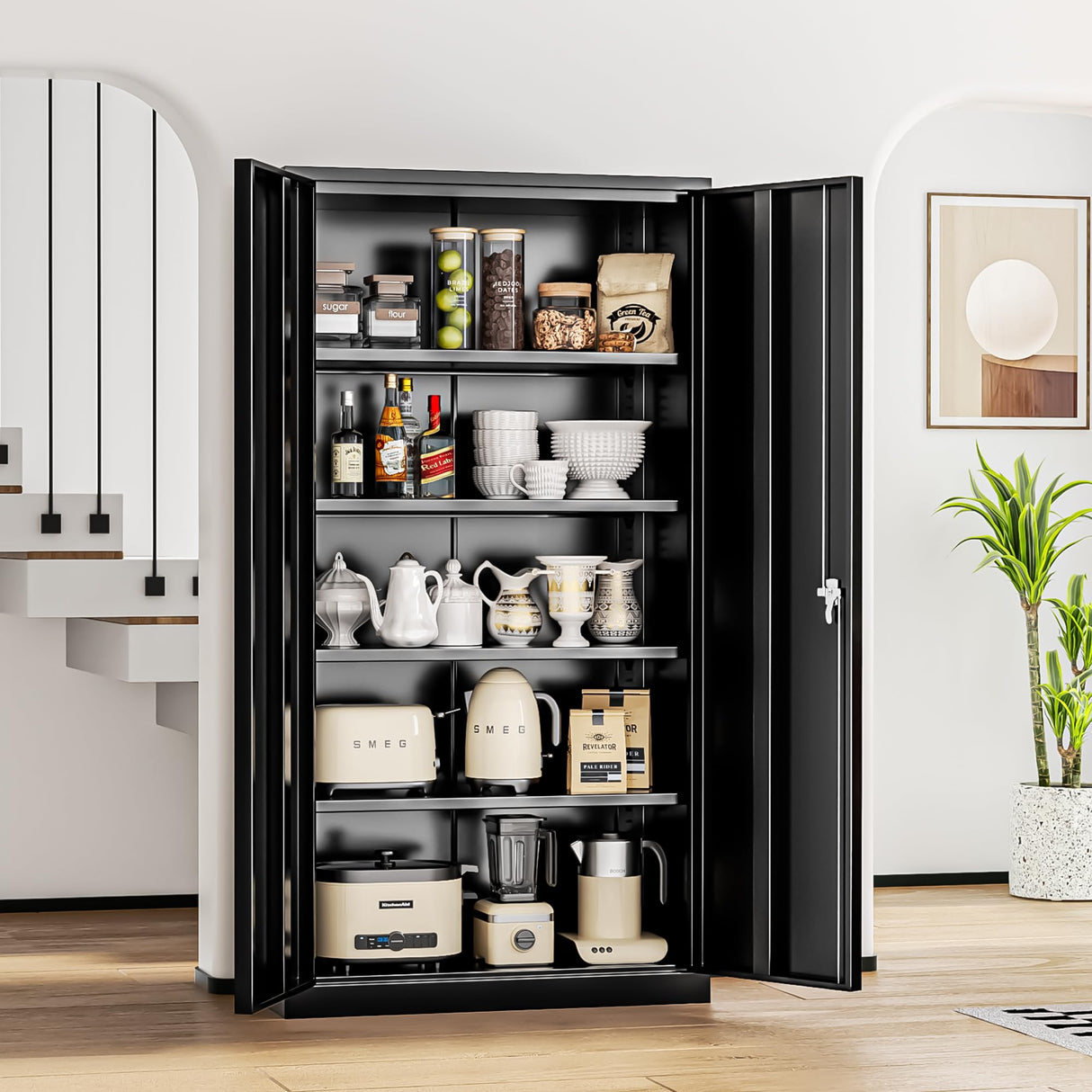 Black Metal Storage Cabinet Doors, 72" Locking Steel Storage Cabinet with Shelves