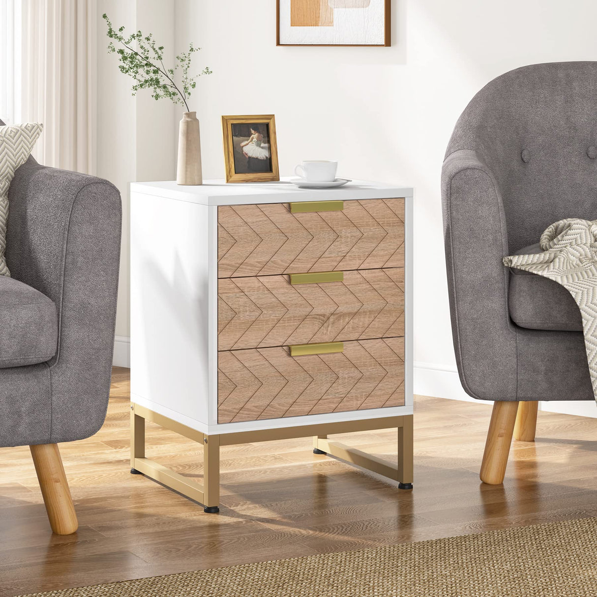 3 Drawers Nightstand Set of 2, Modern Bedside Table with Unique Chevron Design