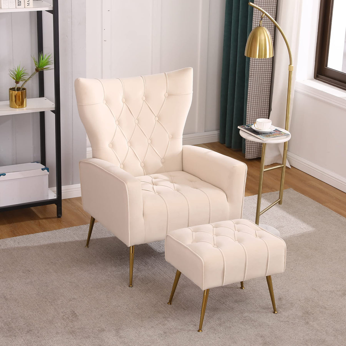 Ottoman Set of 2, Comfy Chair and Ottoman Set, Upholstered Tufted Lounge Chair with Wide Seat Footrest, Reading Armchair for Living Room Bedroom, Beige,Velvet