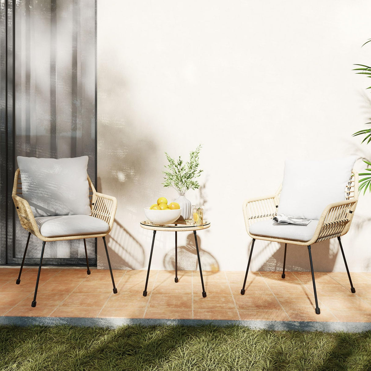 3 Pieces Outdoor Bistro Set, Bistro Set Outdoor with Glass Top Table