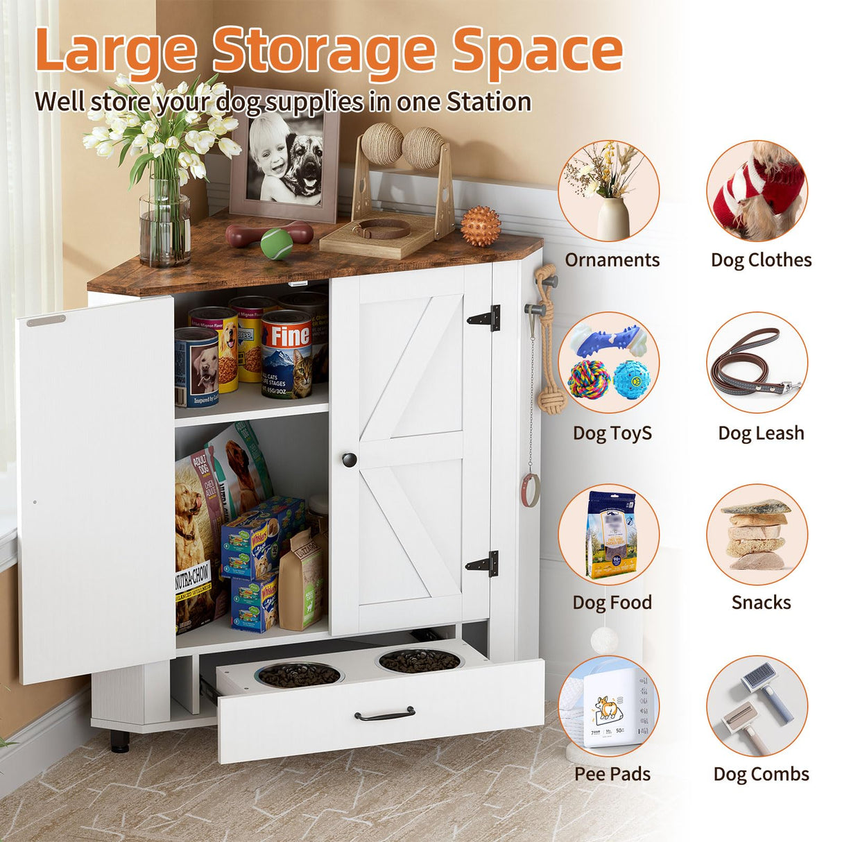 Farmhouse Dog Food Storage Corner Cabinet with Feeding Station
