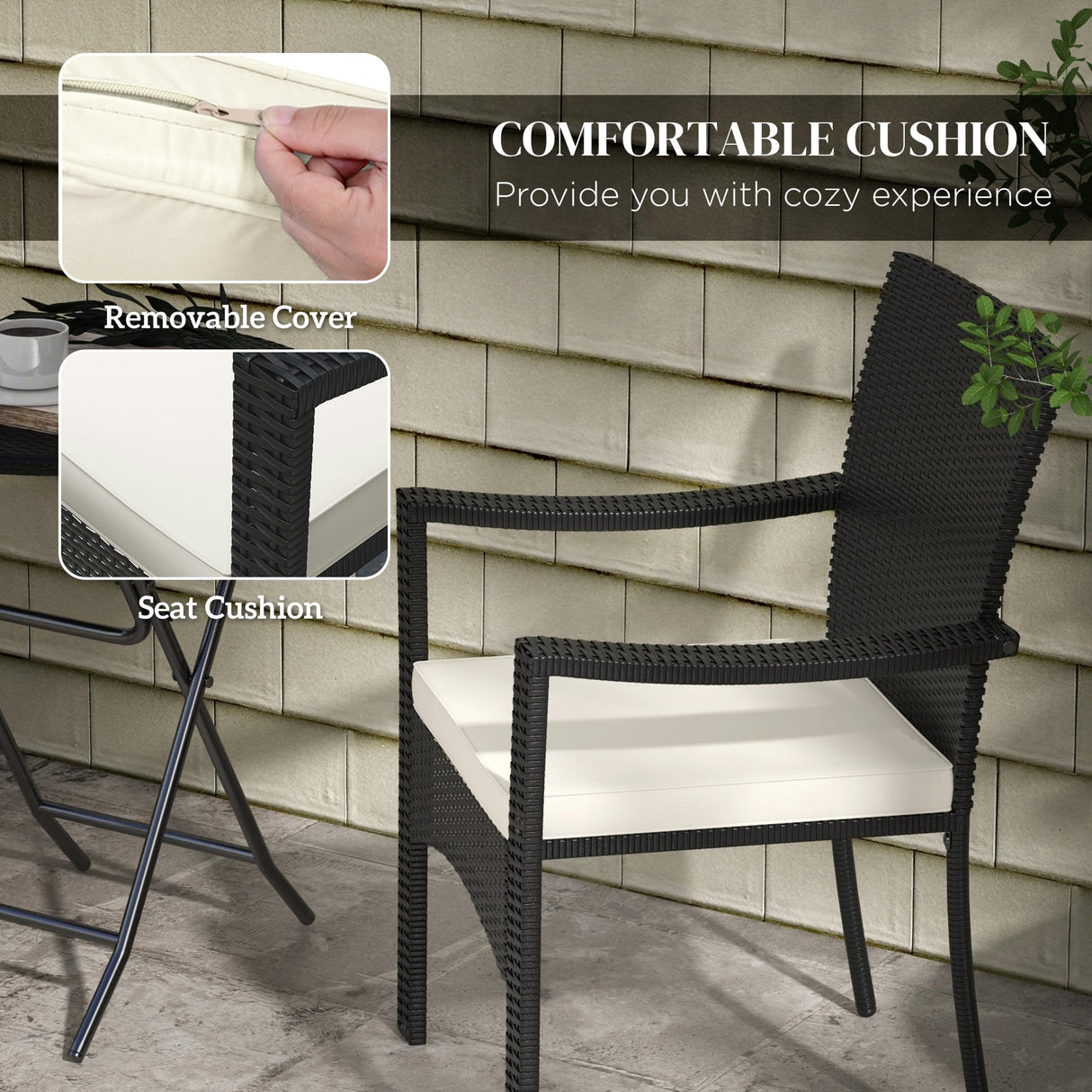 Outsunny 3 Pieces Wicker Outdoor Bistro Set, Rattan Patio Furniture Set with Folding Coffee Table, Porch Chairs with Cushions for Backyard, Balcony, Garden, White