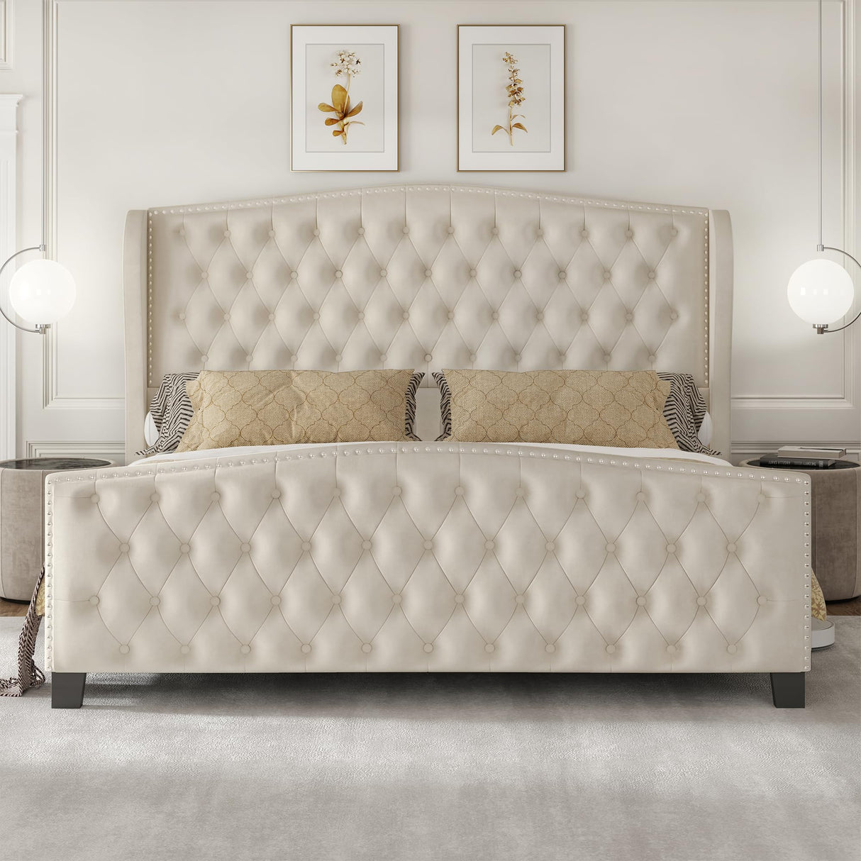 King Bed Frame Upholstered Platform Bed with Wingback Headboard