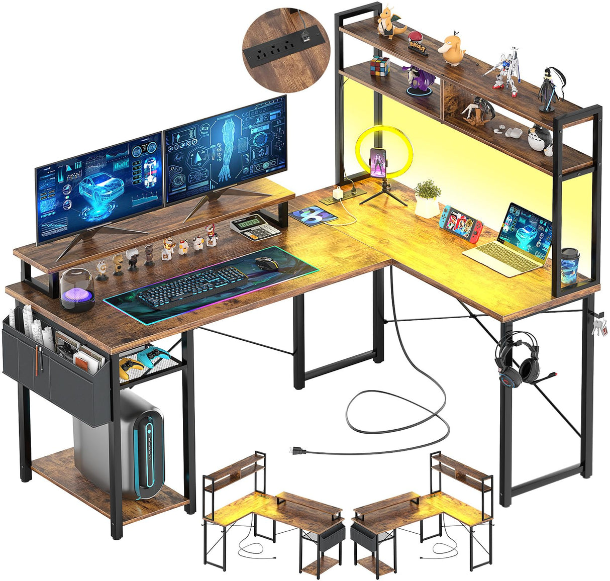 Small L Shaped Gaming Desk with LED Lights & Power Outlets, Reversible L-Shaped Computer Desk with Monitor Stand & Storage Shelf, Corner Desks Home Office Desk with Storage Bag, Rustic Brown