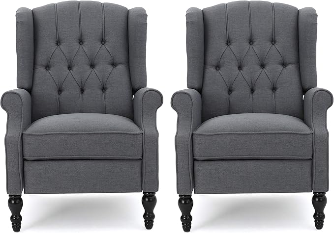 Earlean Fabric Recliner (Set of 2), Navy Blue, Dark Brown