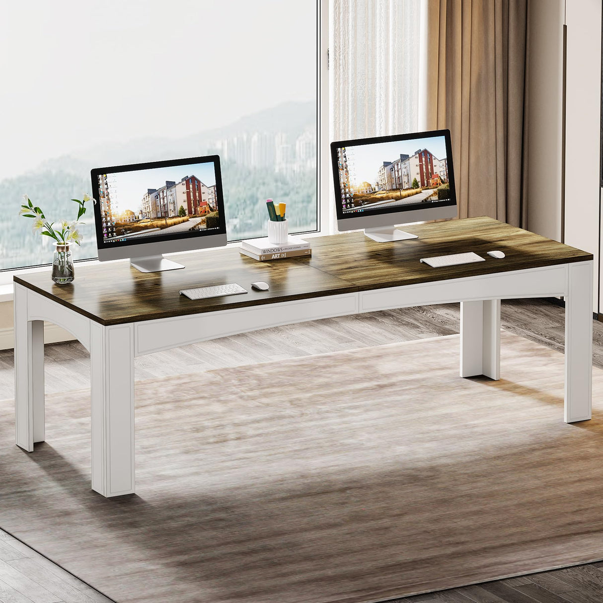 78.74-Inch 2-Person Desk, Extra Long Computer Desk for Two People, Wooden Large Double Desk Work Study Writing Desk for Home Office, Brown & White