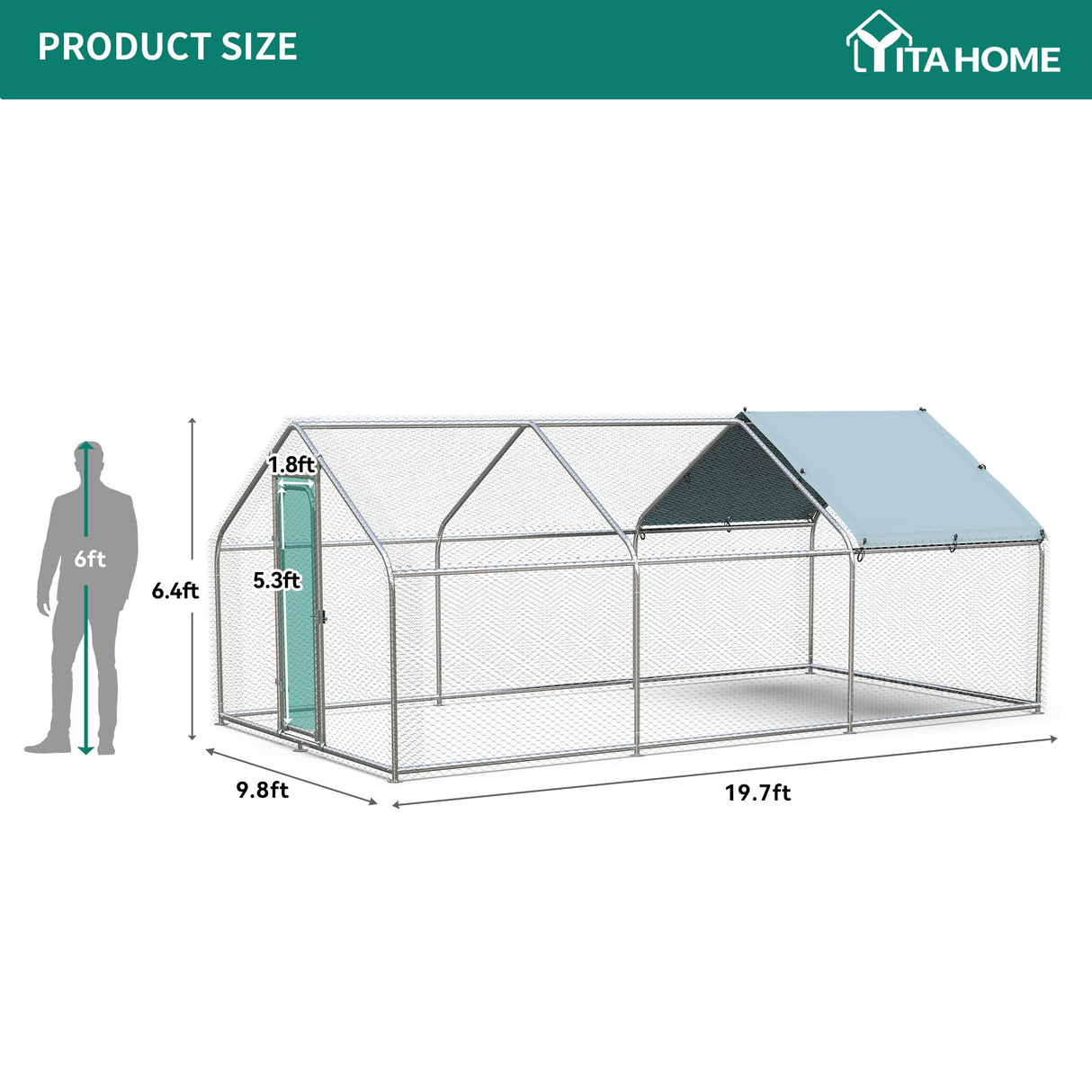Large Metal Chicken Coop with Waterproof Cover, 19.68'L x 9.84'W x 6.49'H Walk-in