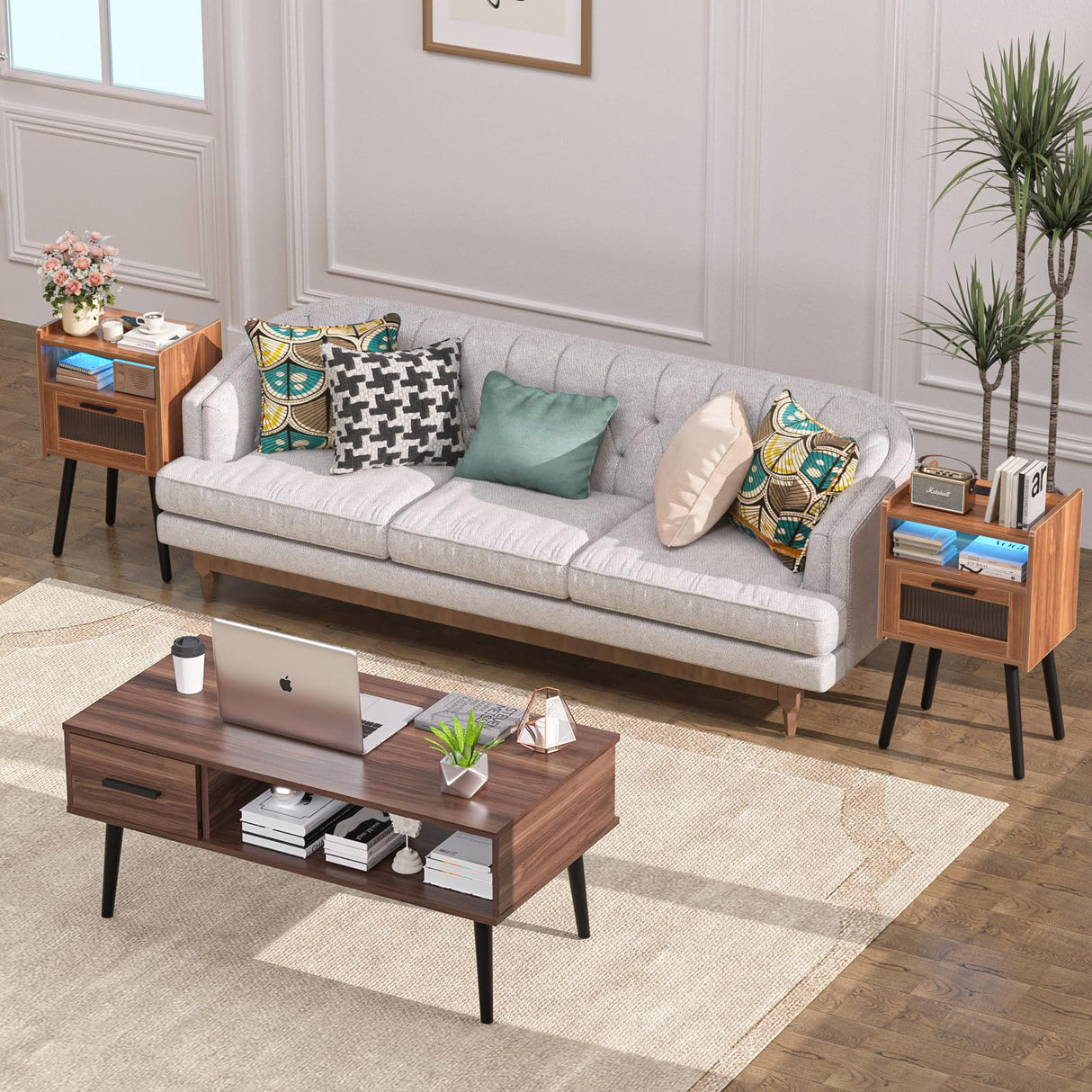 Set of 2 Mid Century Nightstand with Charging Station, Mid Century LED Light Modern End Table