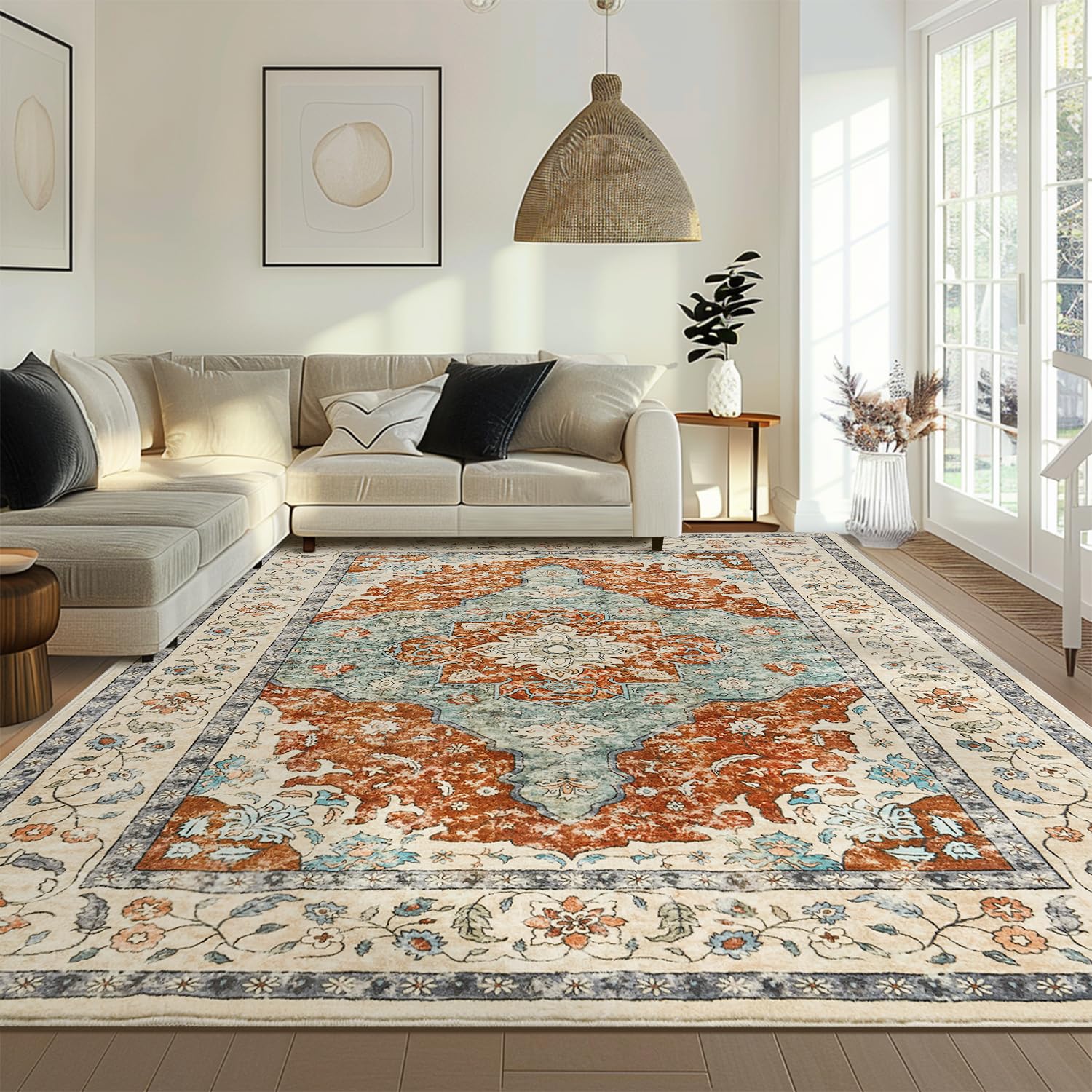 Washable Area Rug - 5'x7' Boho Living Room Rug, Non-Slip Soft Rugs Indoor for Bedroom