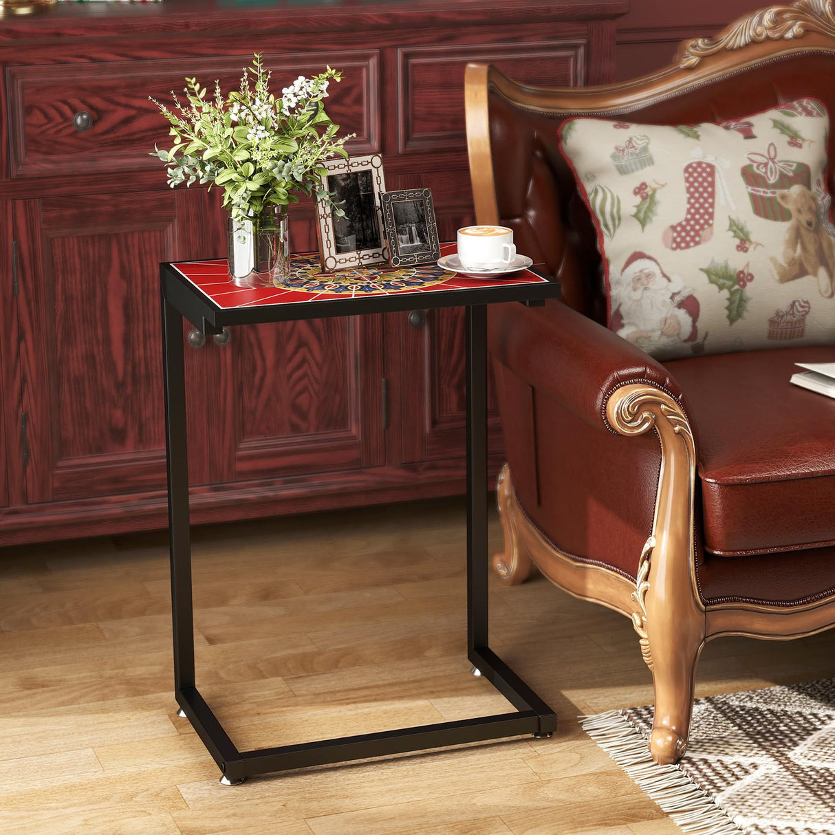 C-Shaped Outdoor Side Table, w/Ceramic Top & Anti-Rust Metal Frame