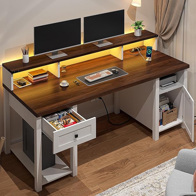 55" Computer Desk with Drawers Farmhouse Desk with Long Monitor Stand Reversible