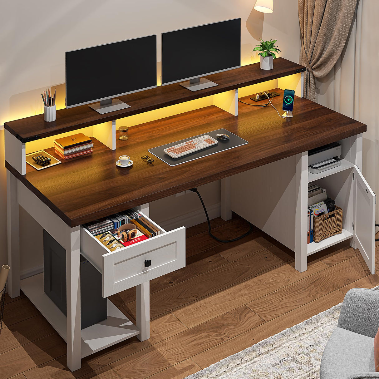 55" Computer Desk with Drawers Farmhouse Desk with Long Monitor Stand Reversible