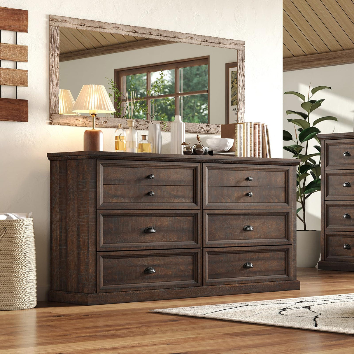 58”W Farmhouse 6 Drawer Dresser for Bedroom, Natural Wood Texture Chest Dresser