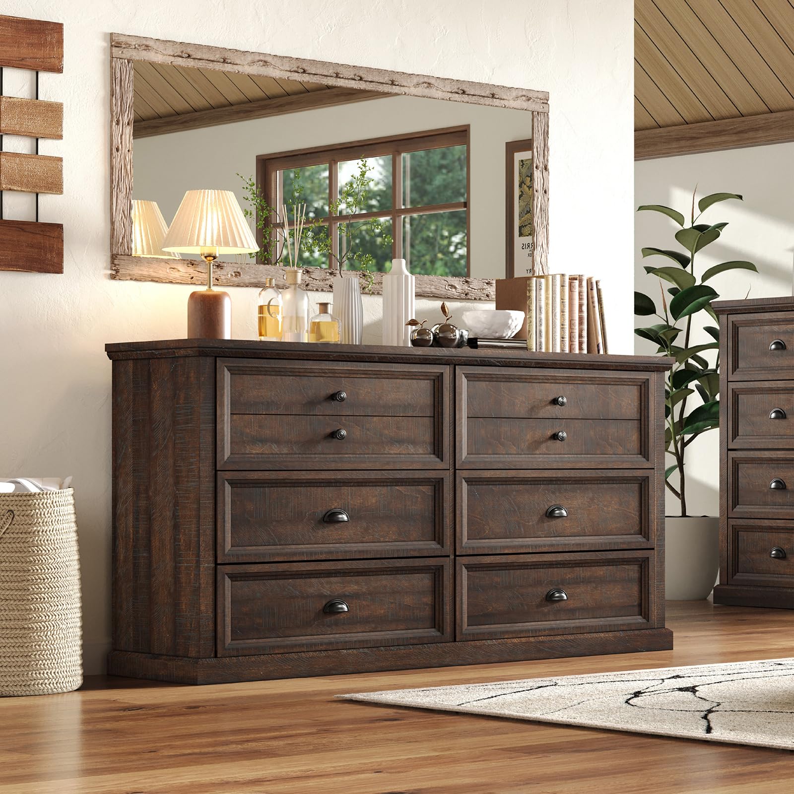 58”W Farmhouse 6 Drawer Dresser for Bedroom, Natural Wood Texture Chest Dresser