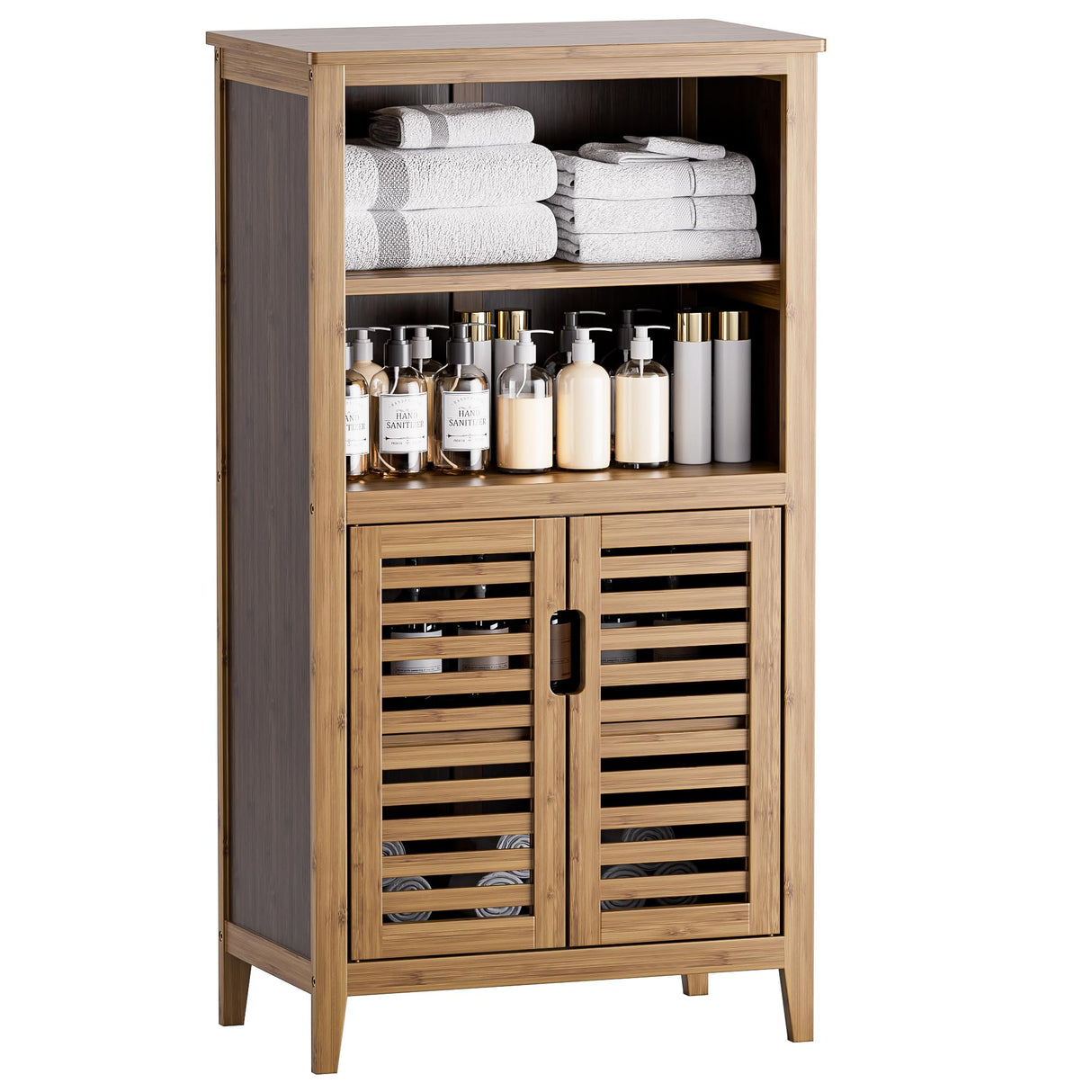 Walnut Bathroom Floor Cabinet, Bamboo Side Tall Storage Organizer