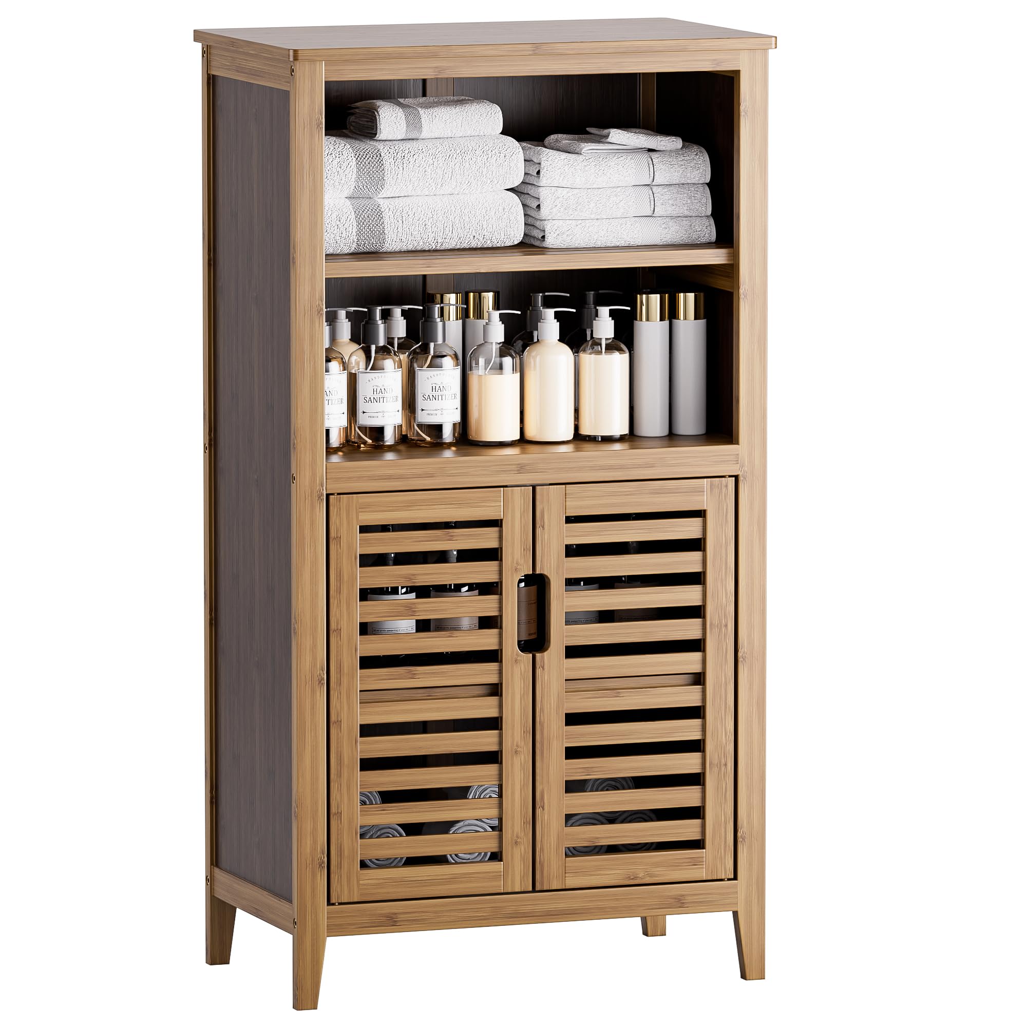 Walnut Bathroom Floor Cabinet, Bamboo Side Tall Storage Organizer