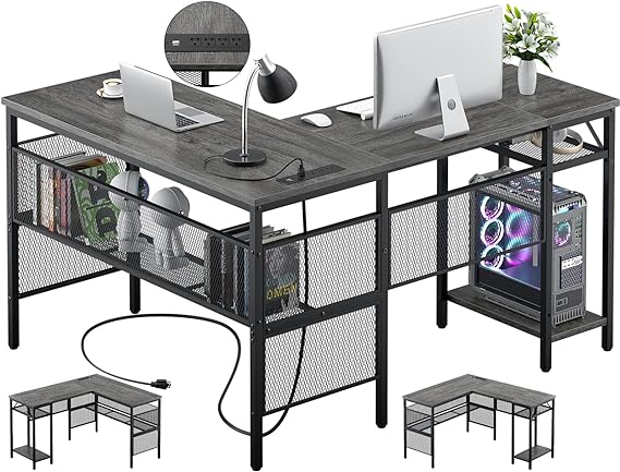 L Shaped Desk with USB Charging Port and Power Outlet