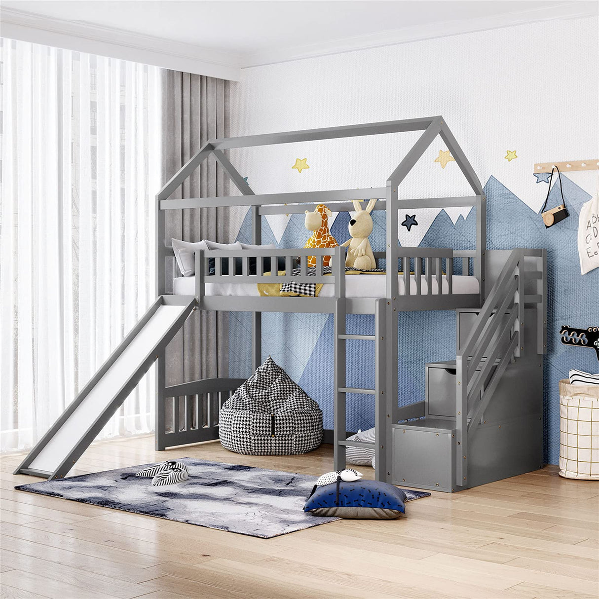 Loft Bed with Slide, House Loft Beds Twin Size with Step Storage Drawers Stairway