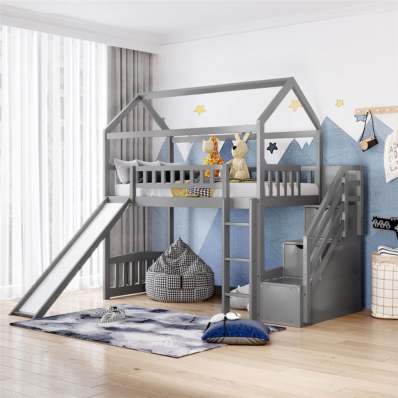 Loft Bed with Slide, House Loft Beds Twin Size with Step Storage Drawers Stairway