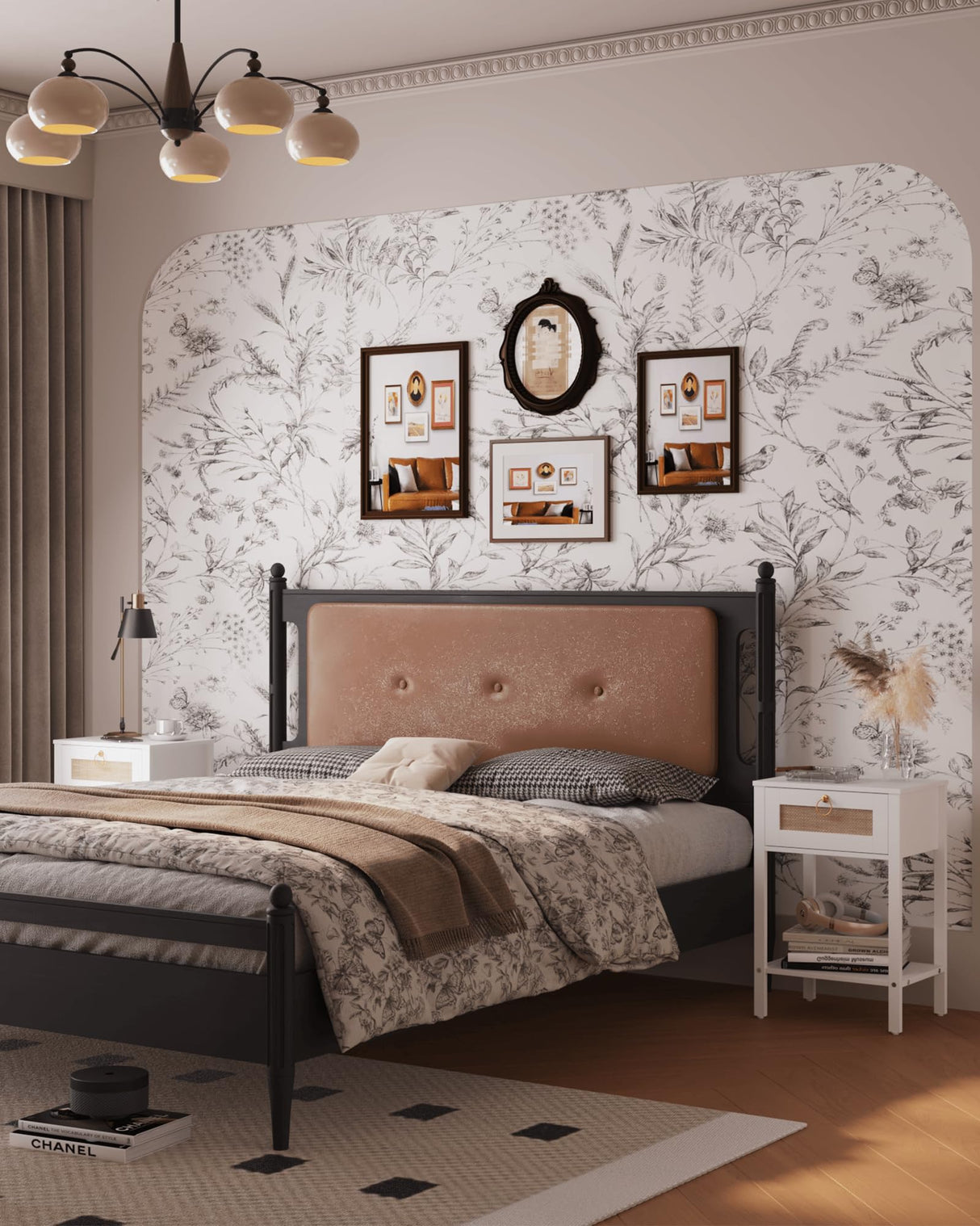 JOONEE Rattan Nightstand,White Modern Farmhouse Bedside Table with Storage Drawer and Shelf