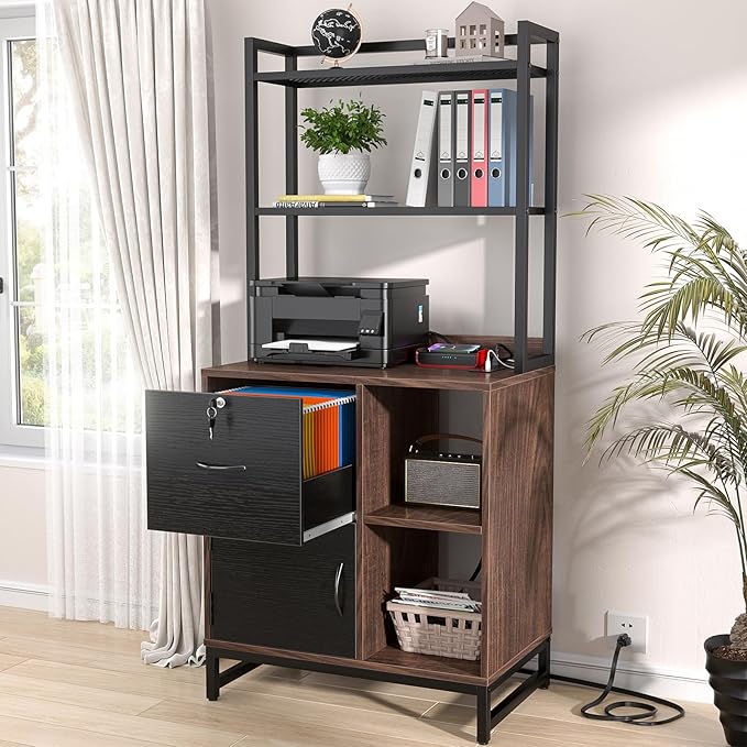 Filing Cabinet with Lock & Charging Station, Large Drawer Wood File Cabinet with Bookshelf, Printer