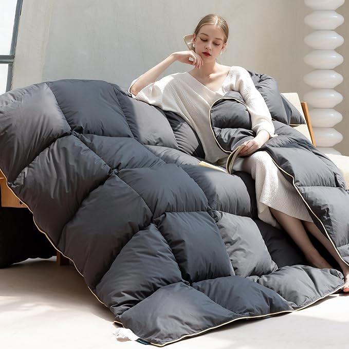 Goose Down Feathers Comforter Queen Size All Season-Ultra Soft and Cozy Noiseless