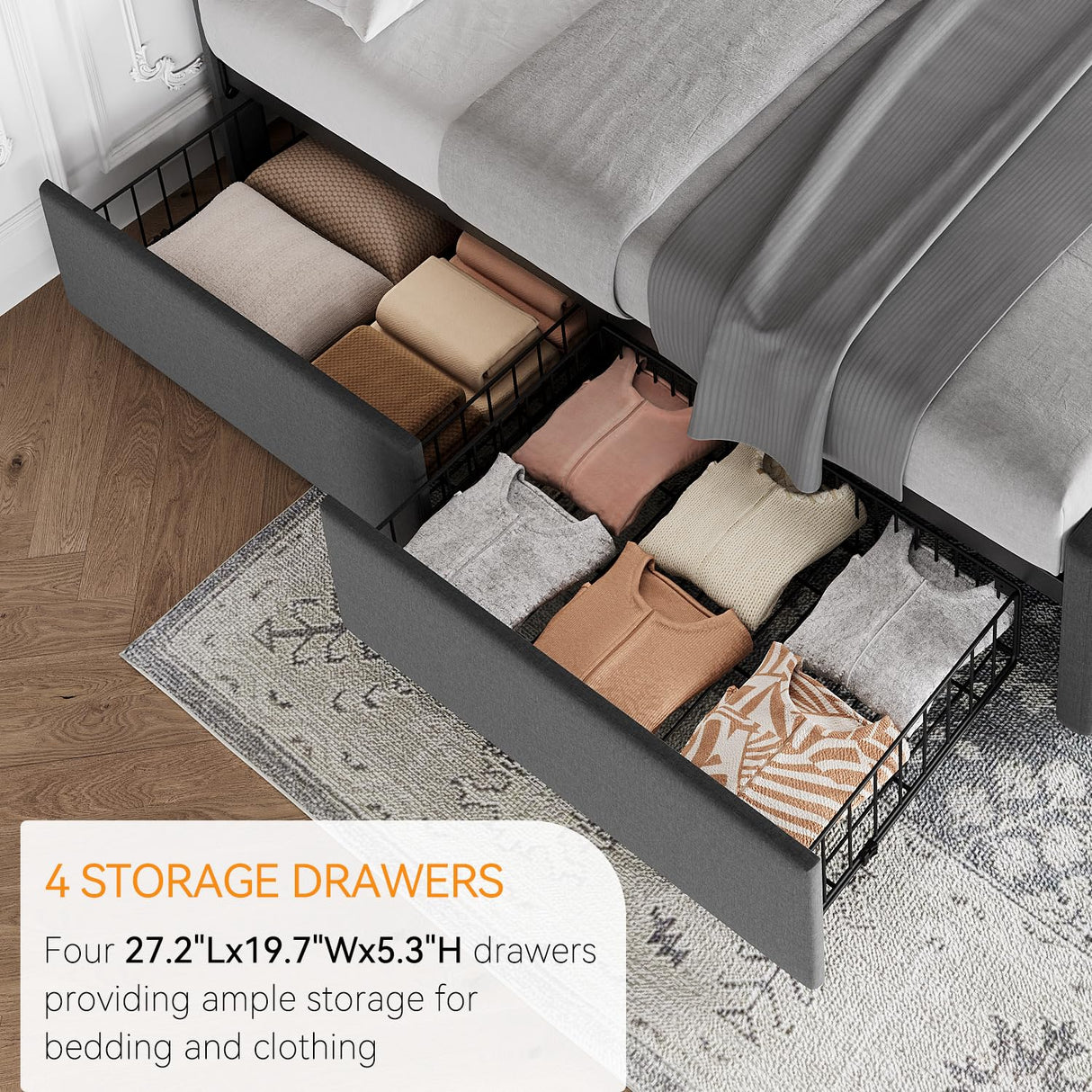 Idealhouse Upholstered Bed Frame with 4 Drawers & Adjustable Tufted Headboard