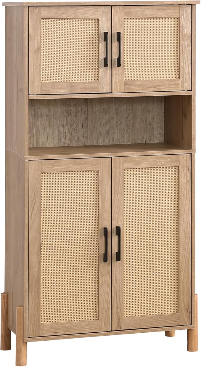 Storage Cabinet, Bathroom Cabinet with Rattan Doors, Bathroom Floor Cabinet with Open