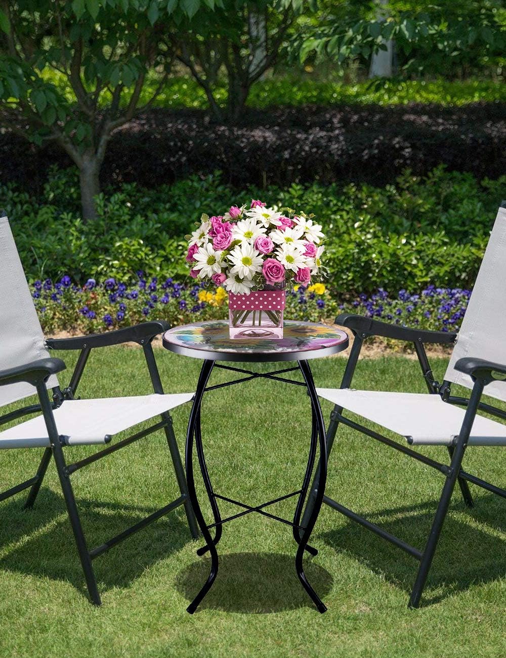 VCUTEKA Patio Side Table Plant Stands Outdoor Accent Table Small Mosaic Table Glass Top Round Balcony Coffee Table Sunflower - Bircata