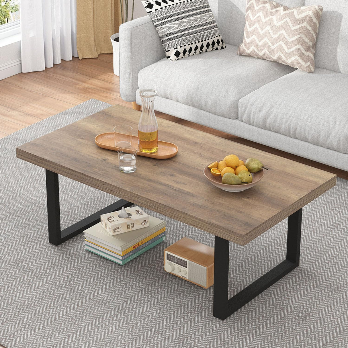 Farmhouse Coffee Table, Modern Simple Wood Coffee Table for Living Room