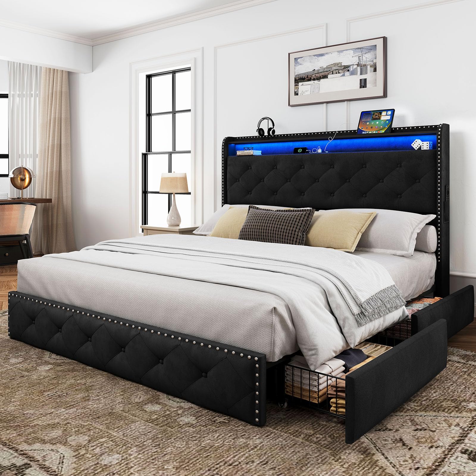 LARMACE Queen Size Bed Frame with LED Lights & USB Charging Station, Velvet Upholstered Platform Bed with Storage Headboard and 4 Drawers, Noise Free, Easy Assembly, Black