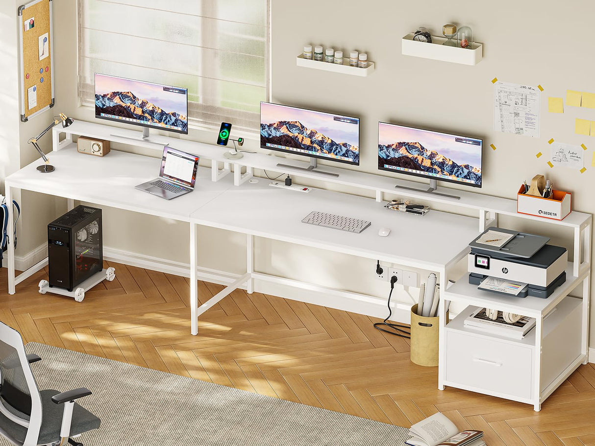 White L Shaped Gaming Desk, 66" Home Office Desk with File Drawer, Power Outlet and Led Lights