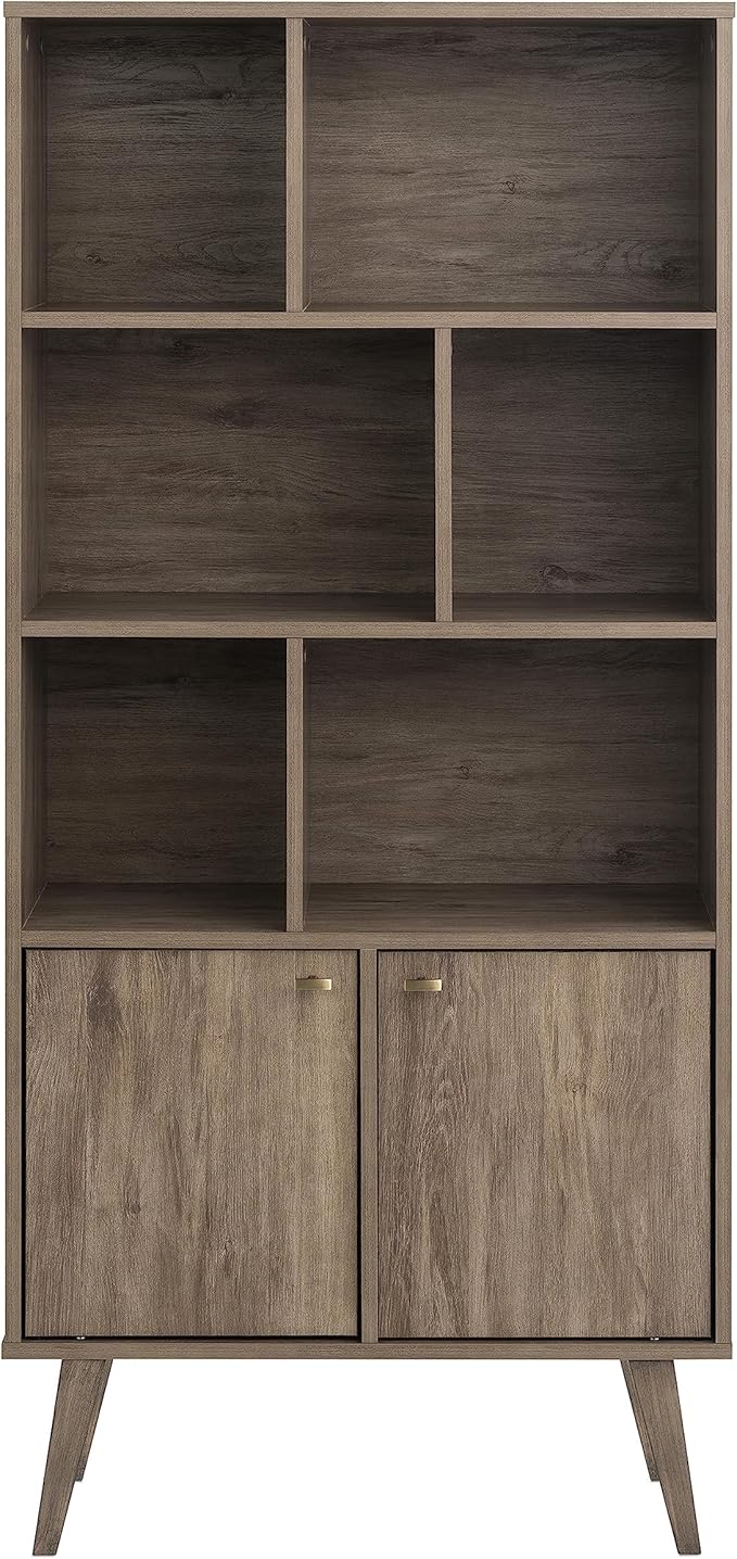 Mid-Century Modern Bookcase with Six Shelves, Two Doors, and Brushed Brass-Finished