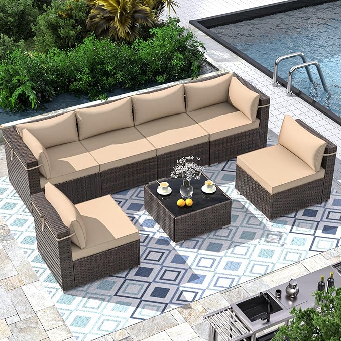 8 Piece Patio Furniture Set with 43" Fire Pit Table, Outdoor Sectional Sofa Set Heavy Duty