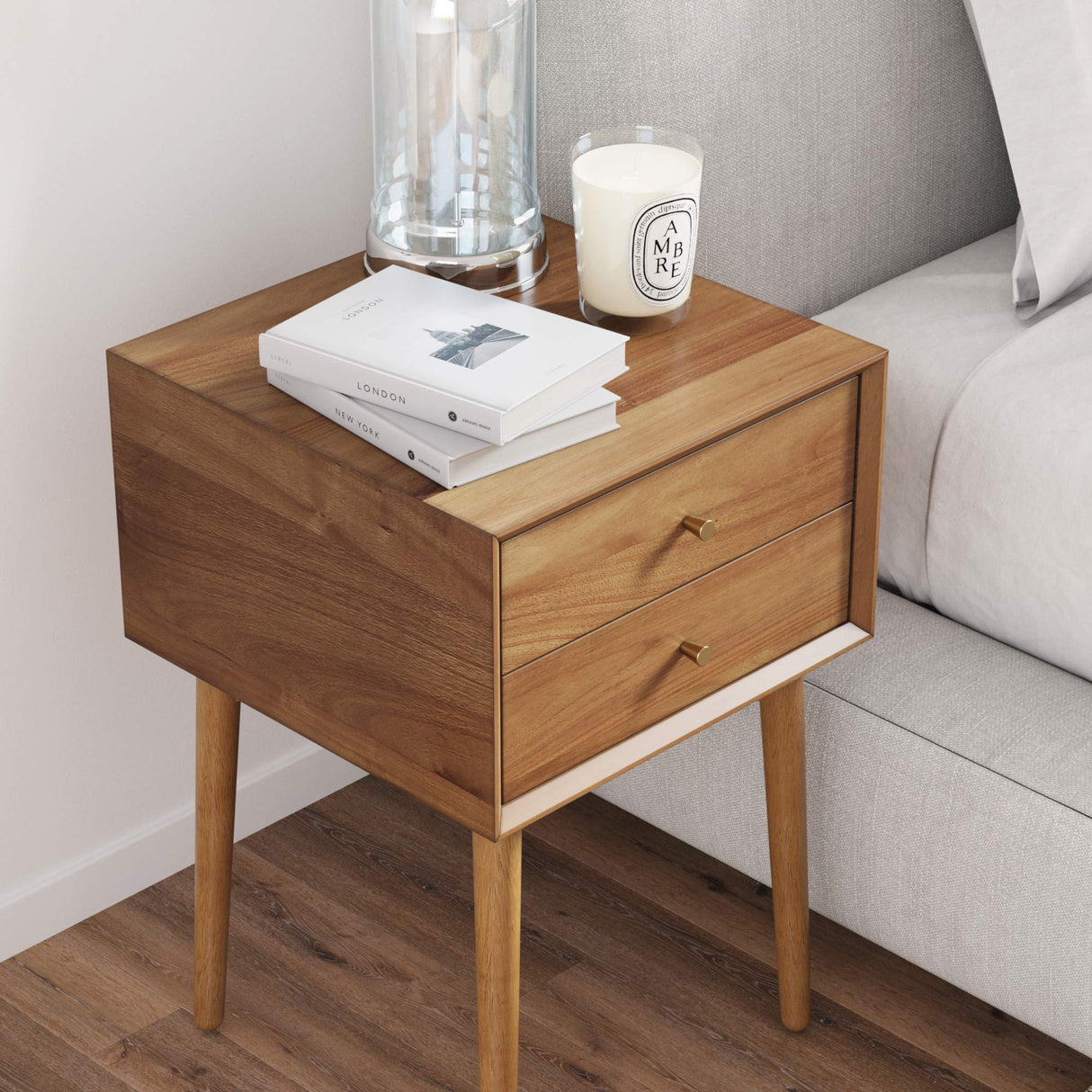 32704 Harper Mid-Century Oak Wood Nightstand with 2-Drawers, Small Side End Table