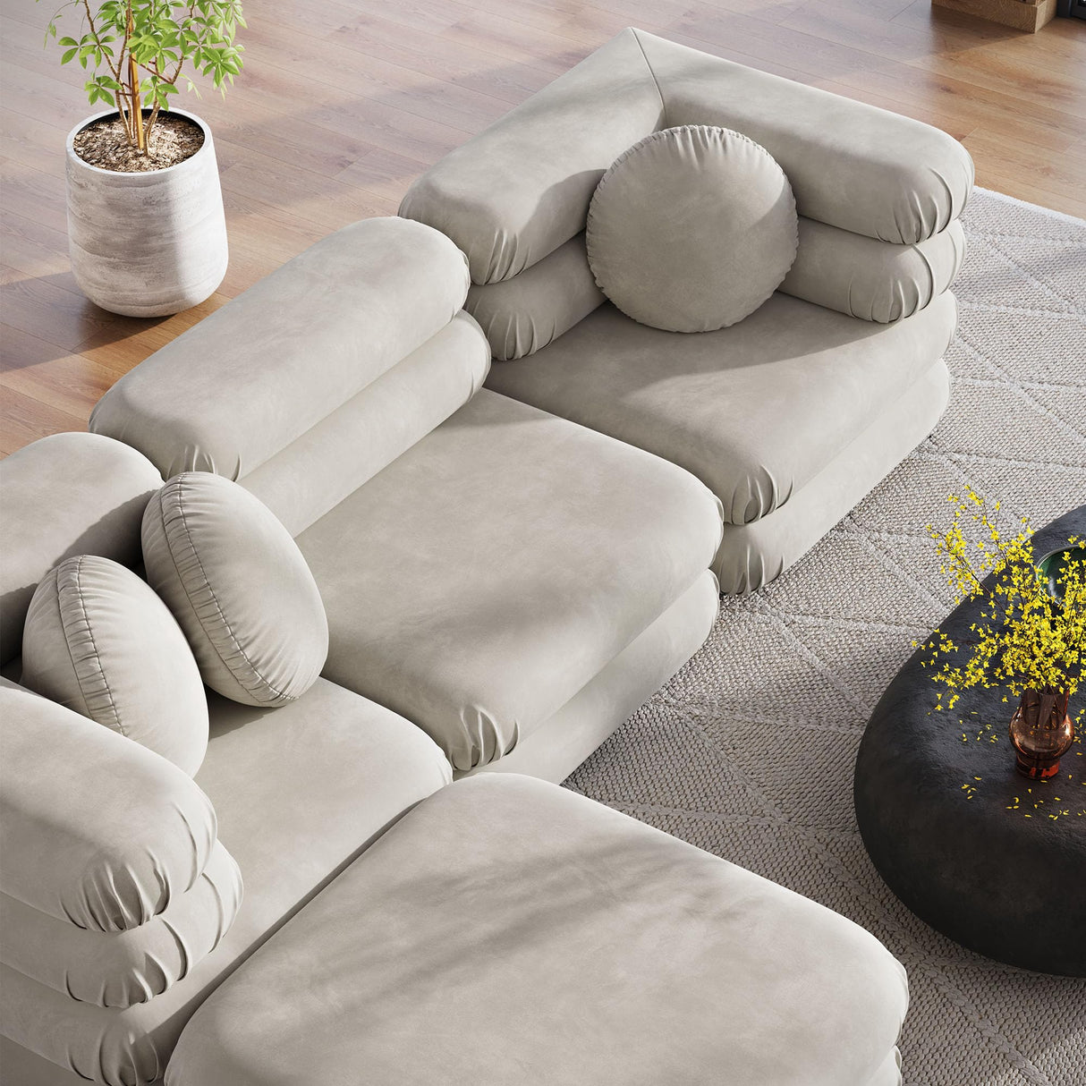 Jubilee Performance Velvet 4 Piece Sectional Sofa with Ottoman in Almond