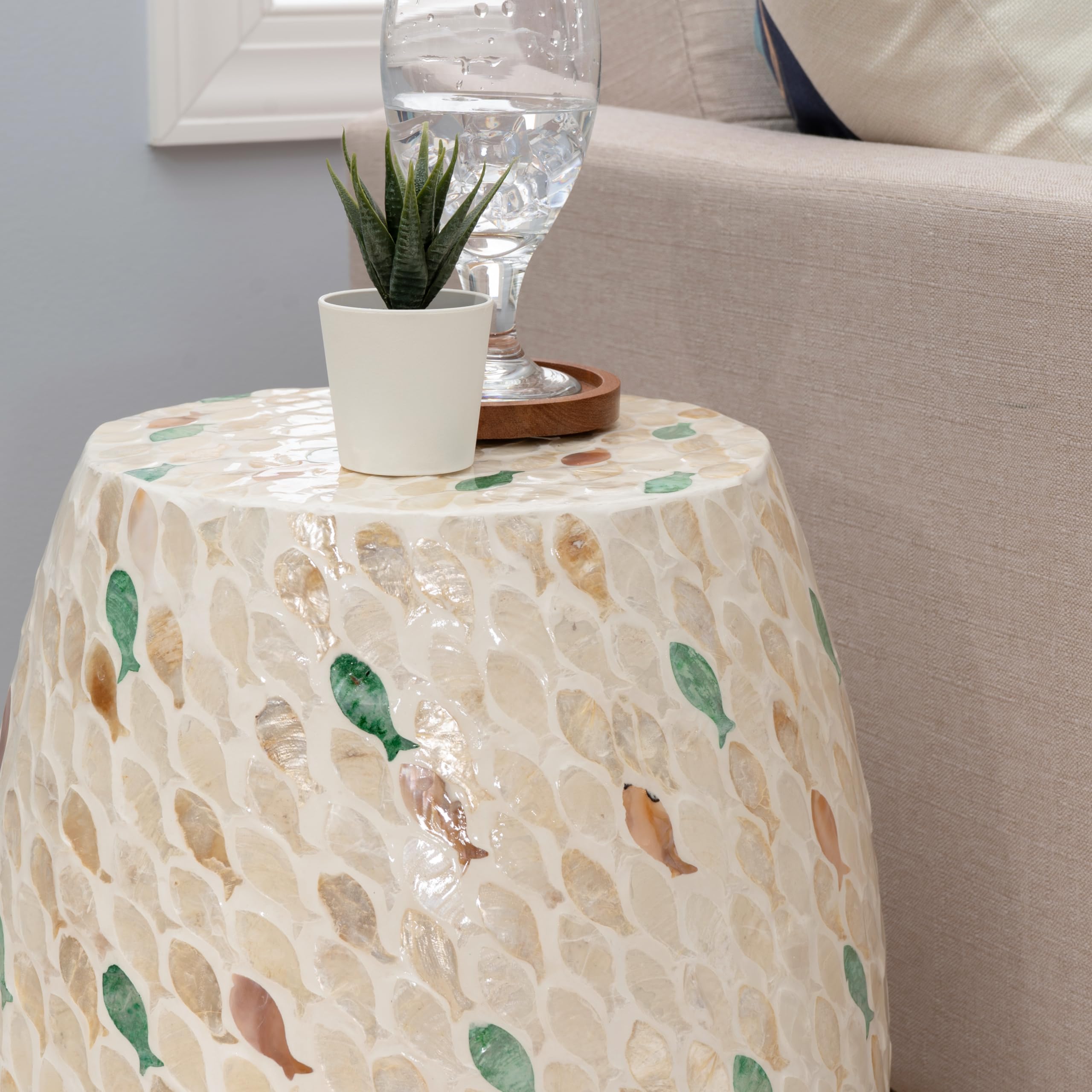 Cream Arlon Fish Capiz Drum Table, Ivory