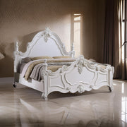 Benjara Frank Queen Size Bed, Carved Details Finial Posts, Classic White Solid Wood