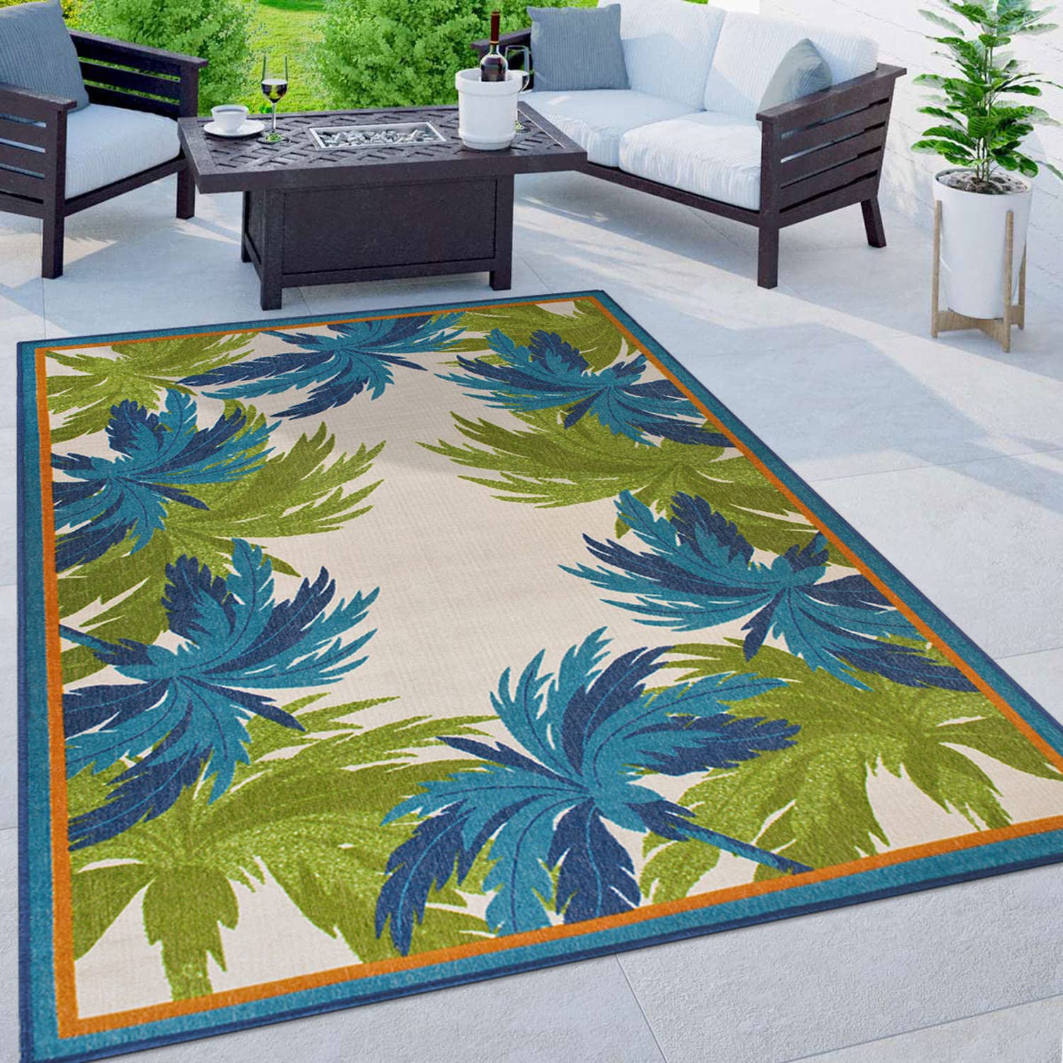 Tropical Floral Border Non-Shedding Outdoor Rugs for Deck,Patio,Backyard Indoor/Outdoor